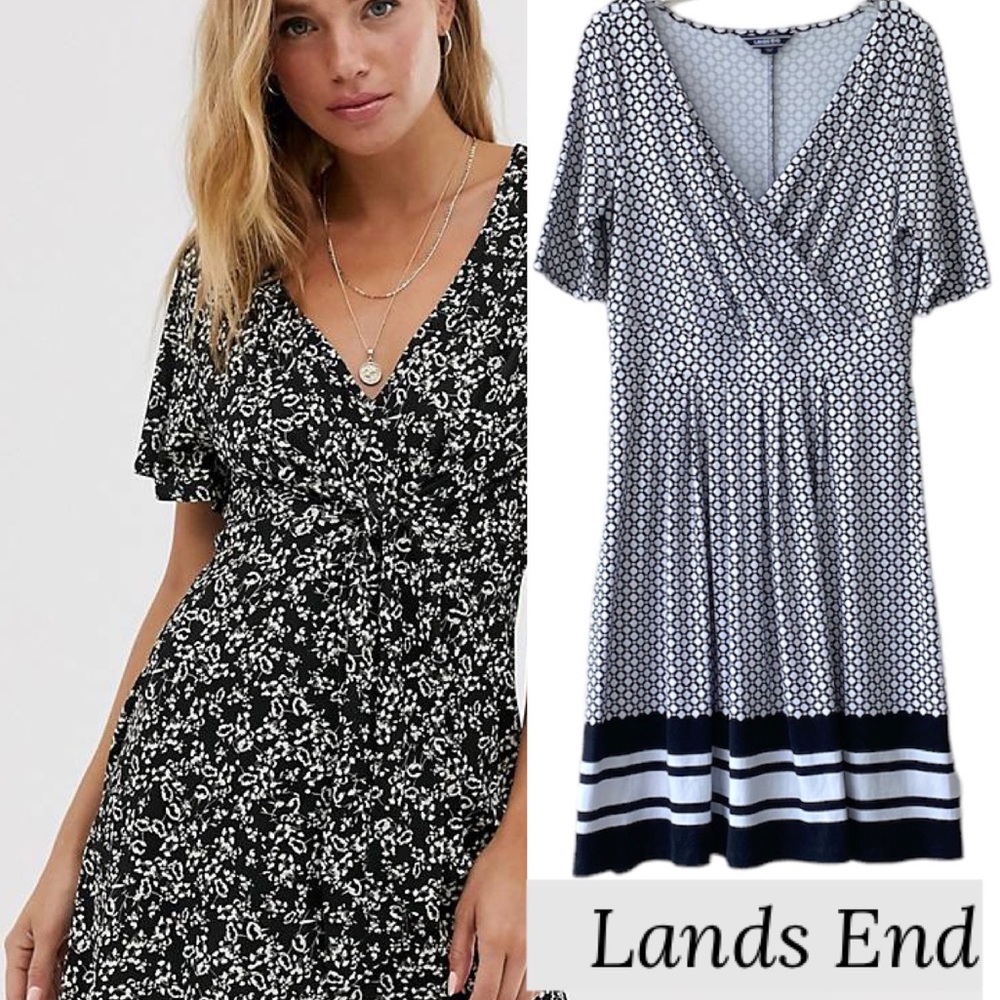 Cross Front V-neck Black & White Print Dress Womens Size 10 / 12  Size Medium